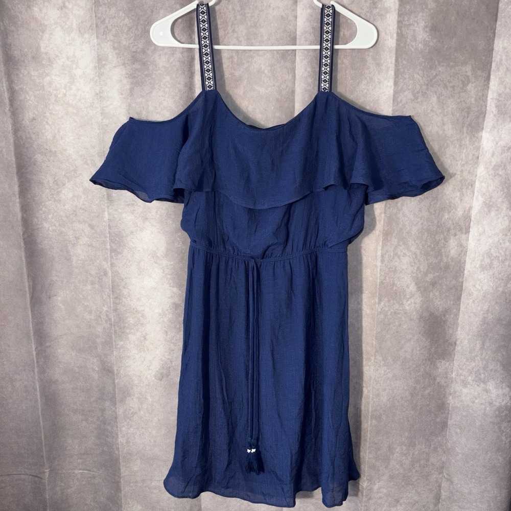 AGB Women's Medium Navy Blue Cold Shoulder Ruffle Geometric Strap Dress‎ $88 NWT